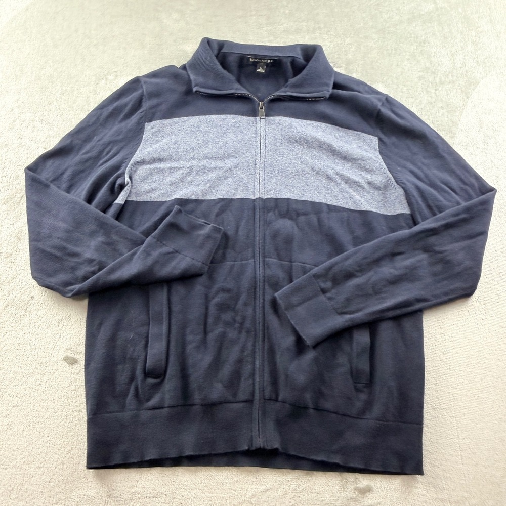 Banana Republic Men's Large Full Zip Sweater Navy Blue Gray Colorblock Cotton